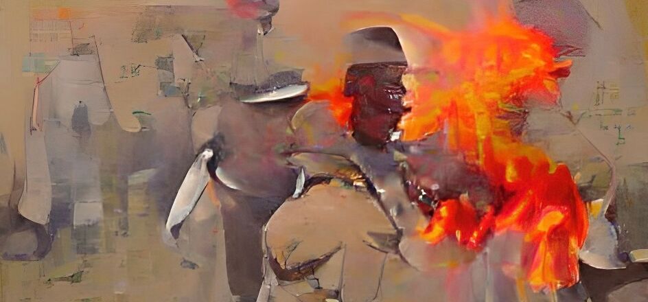 Ein gemalte Collage aus Menschen in Kleidung im Kolonialstil und glutroten Flammen