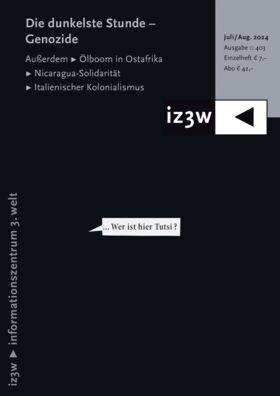 Schwarzes Heftcover Genozide - mit der Sprechblase: Wer ist hier Tutsi?