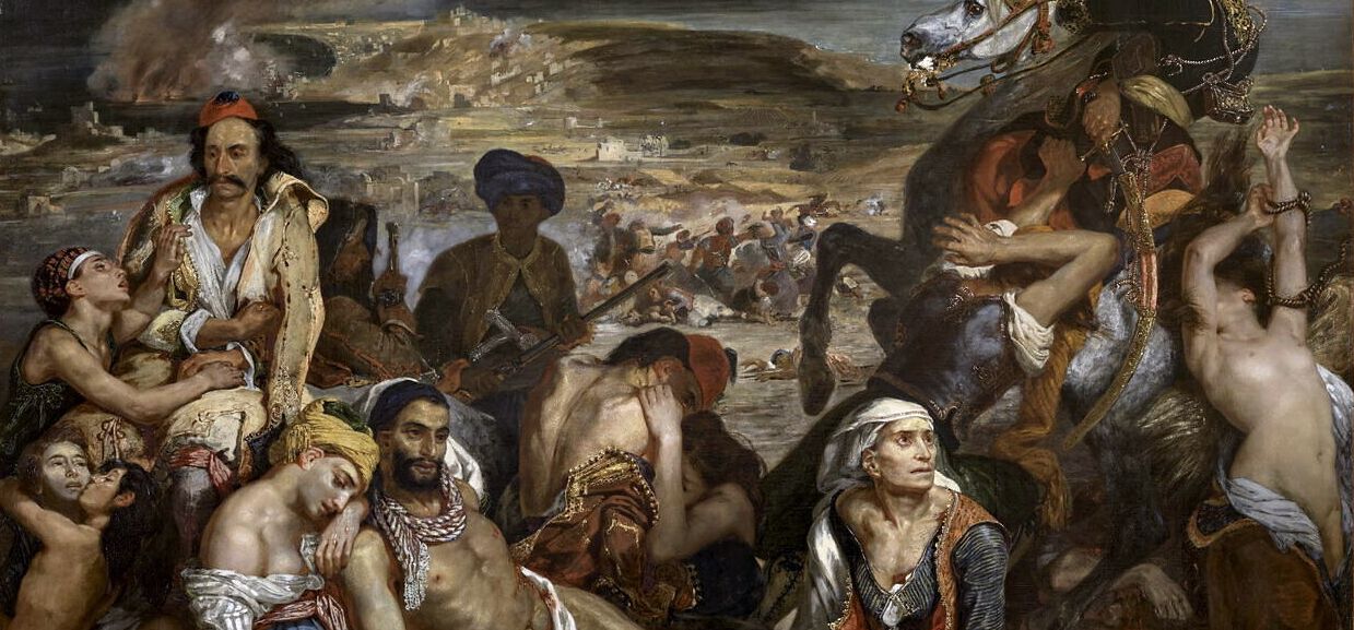 Altes Gemälde von Eugène Delacroix zeigt Osmanischen Herrscher auf Pferd, auf dem Boden liegen Tote und Verletzte.