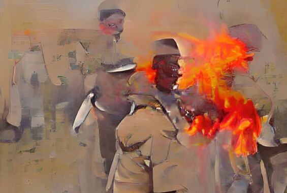 Ein gemalte Collage aus Menschen in Kleidung im Kolonialstil und glutroten Flammen