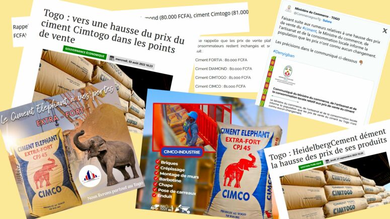 Collage diverser Anzeigen und Artikel zur Preissteigerung von Zement aus der Presse in Togo