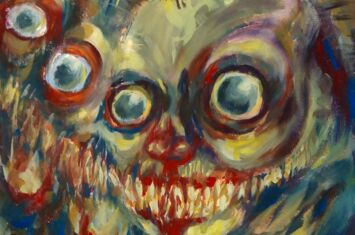 Gemälde von Fratze mit vier Augen und blutigen Zähnen