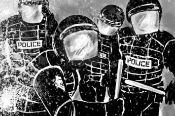 schwarz-weiß Illustration uniformierter Polizei im Einsatz mit Schlagstöcken in den USA