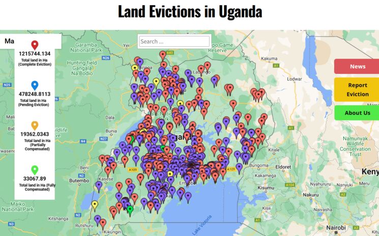 Landkarte Uganda mit Pins für anhängige Landrechtsstreitigkeiten