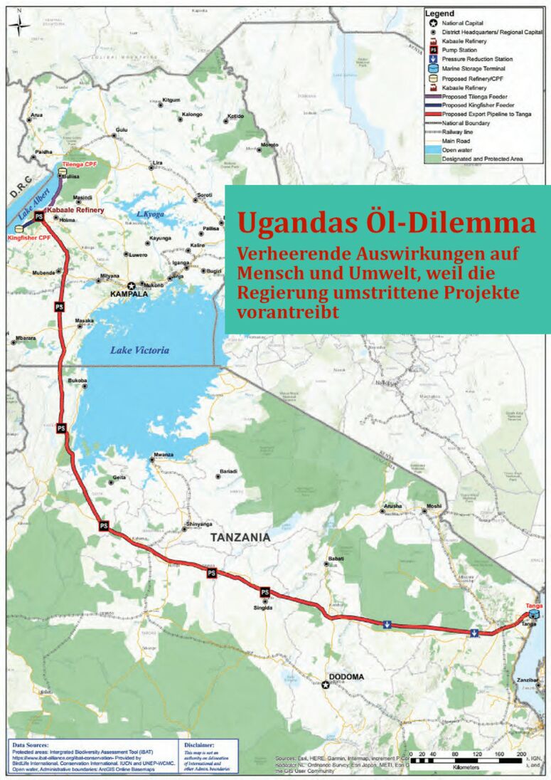 Karte zeigt den Verlauf der geplanten Ölpipeline EACOP von Hoïma bis Tanga, inklusive Lage der Puumpstationen